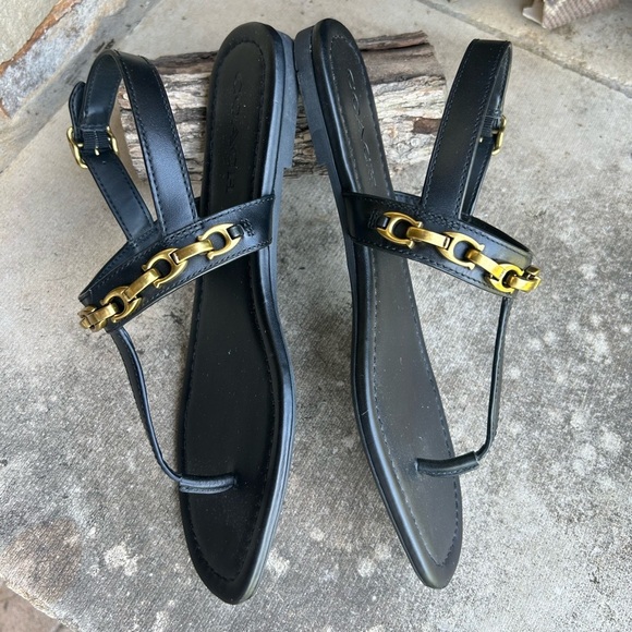 Coach Jenna Signature Chain T-Bar Black leather Sandals Sz-8. R - Picture 3 of 12